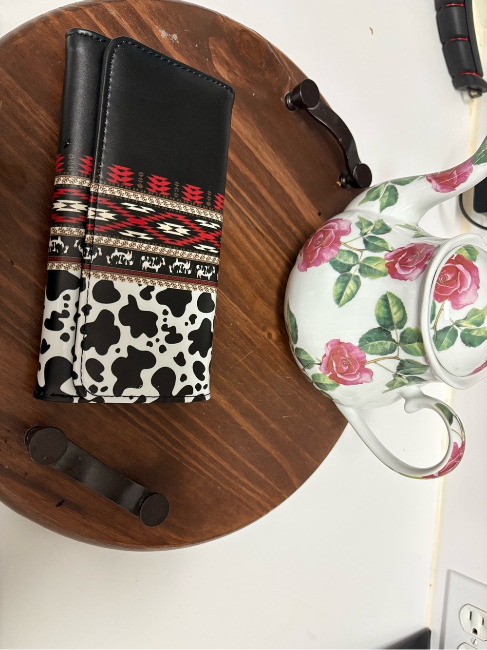 Cow Print & Aztec Pattern Trifold Wallet - Black & White with Red Accents